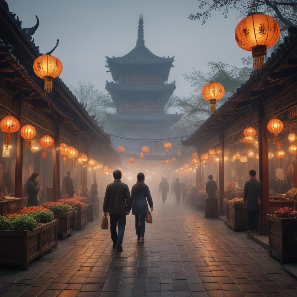 ((masterpiece)),(((best quality))), 8k, high detailed, ultra detailed, Yangzhou landscape, bustling market, colorful street vendors, historic pagoda, vibrant lanterns hyperrealistic, full body, detailed clothing, highly detailed, cinematic lighting, stunningly beautiful, intricate, sharp focus, f/1. 8, 85mm, (centered image composition), (professionally color graded), ((bright soft diffused light)), volumetric fog, trending on instagram, trending on tumblr, HDR 4K, 8K