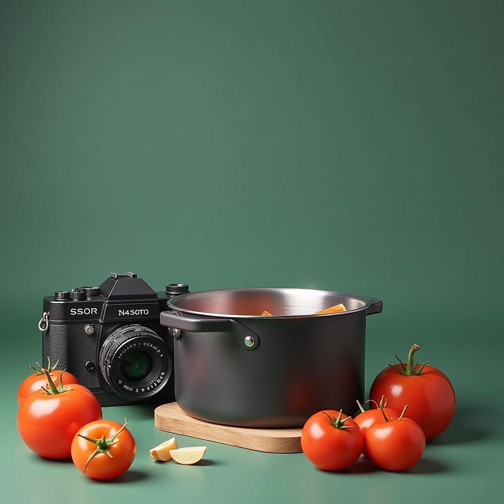  create an expanded view image featuring a camera and a stockpot, designed in a flat design style. the camera should be visually engaging, perhaps positioned in one corner of the image, capturing the essence of creativity and art. meanwhile, the stockpot should be prominently displayed, showcasing its functionality and classic design. the two elements should interact harmoniously, symbolizing the fusion of culinary art and photography. consider incorporating subtle backgrounds that enhance the overall theme without overwhelming the main subjects, ensuring a balance between simplicity and richness in the composition.