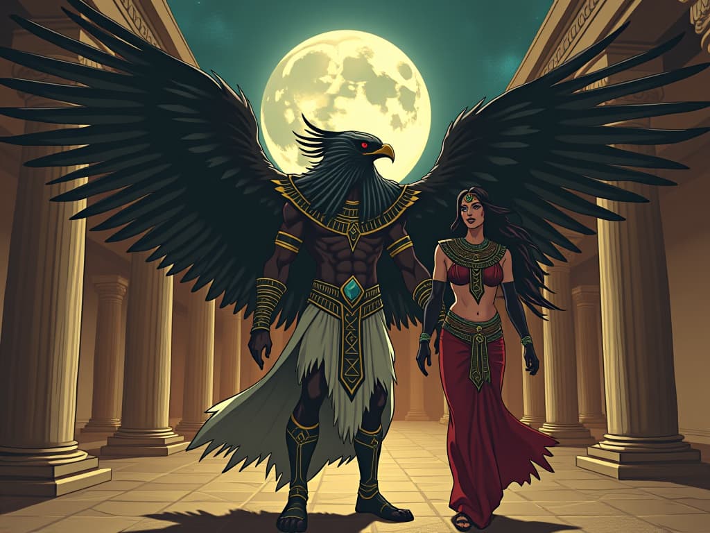  horus, the falcon headed god, large busted priestess beside him, in an ancient courtyard under the full moon, taking decisive action, energy pulsating, symbolizing determination. the style is digital art illustration / modern comic book / mysterious occult, symbolic, esoteric vibe,high detail on character design, incorporating ancient egyptian symbology and attire.