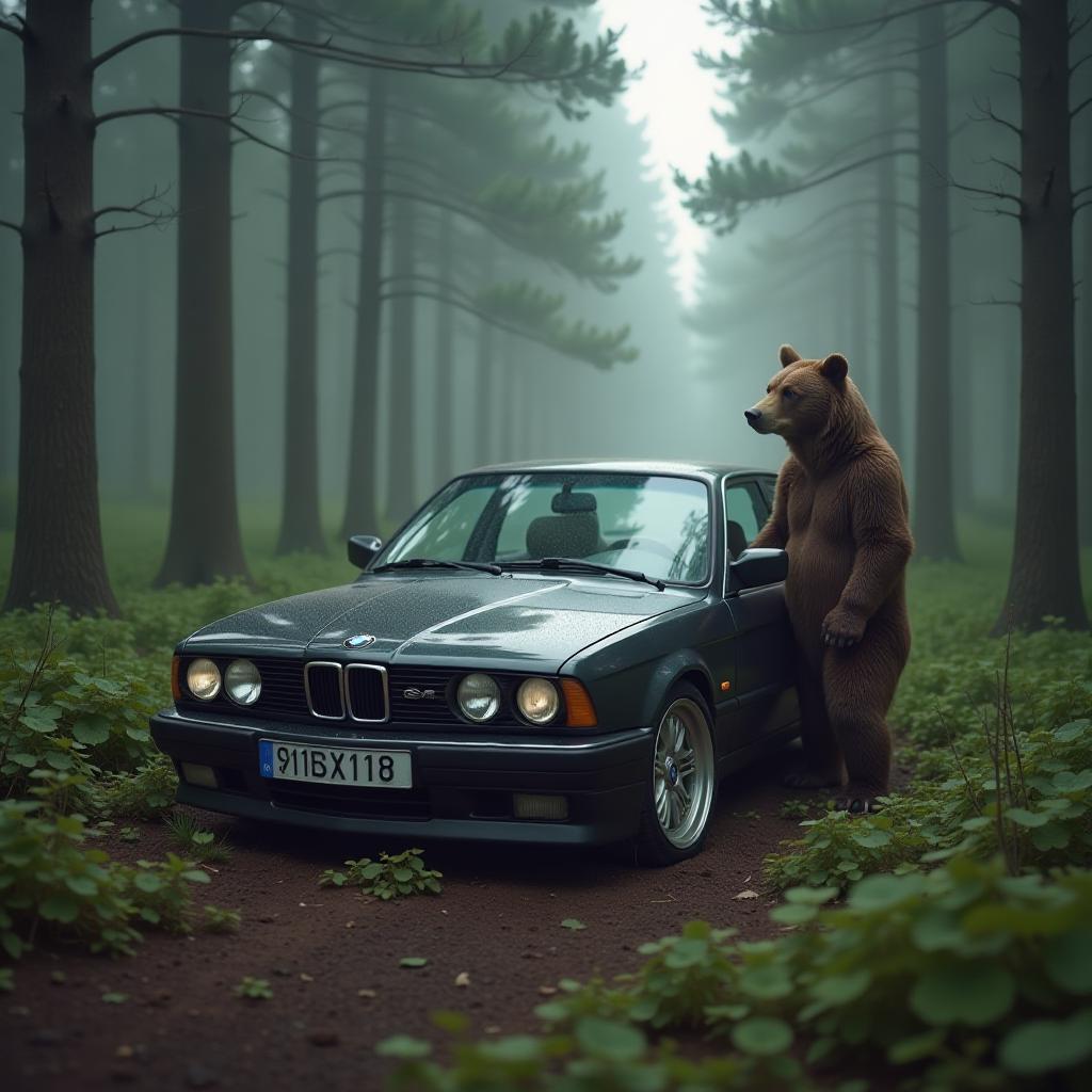  the bear found an abandoned bmw e34 in the forest. hyperrealistic, full body, detailed clothing, highly detailed, cinematic lighting, stunningly beautiful, intricate, sharp focus, f/1. 8, 85mm, (centered image composition), (professionally color graded), ((bright soft diffused light)), volumetric fog, trending on instagram, trending on tumblr, HDR 4K, 8K