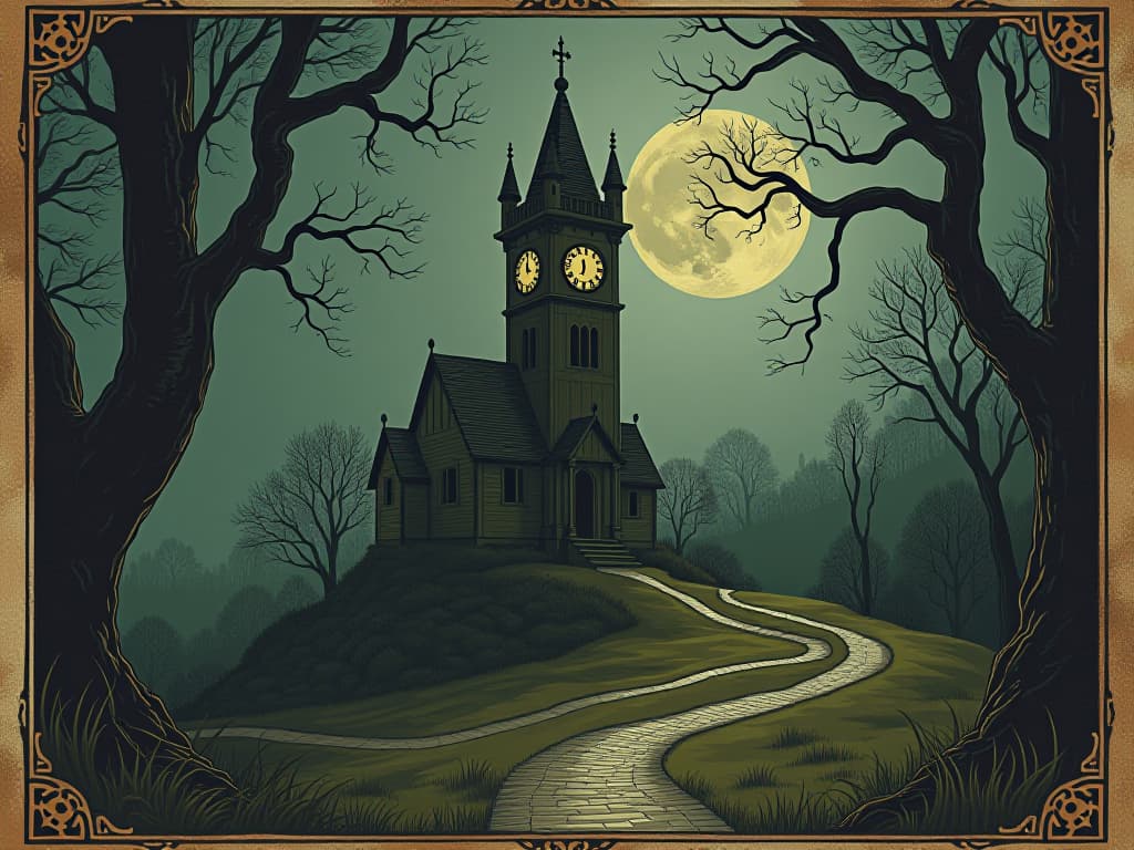  clocktower at the edge of a timeless village, surrounded by ancient trees and winding pathways, clock hands moving mysteriously, suggesting unseen forces. an illustration in the style of a worn, mystical old tarot trump card, mysterious and elements of surrealism. the colors are muted, somber and eerie, but with contrast bring out an occult and esoteric vibe.