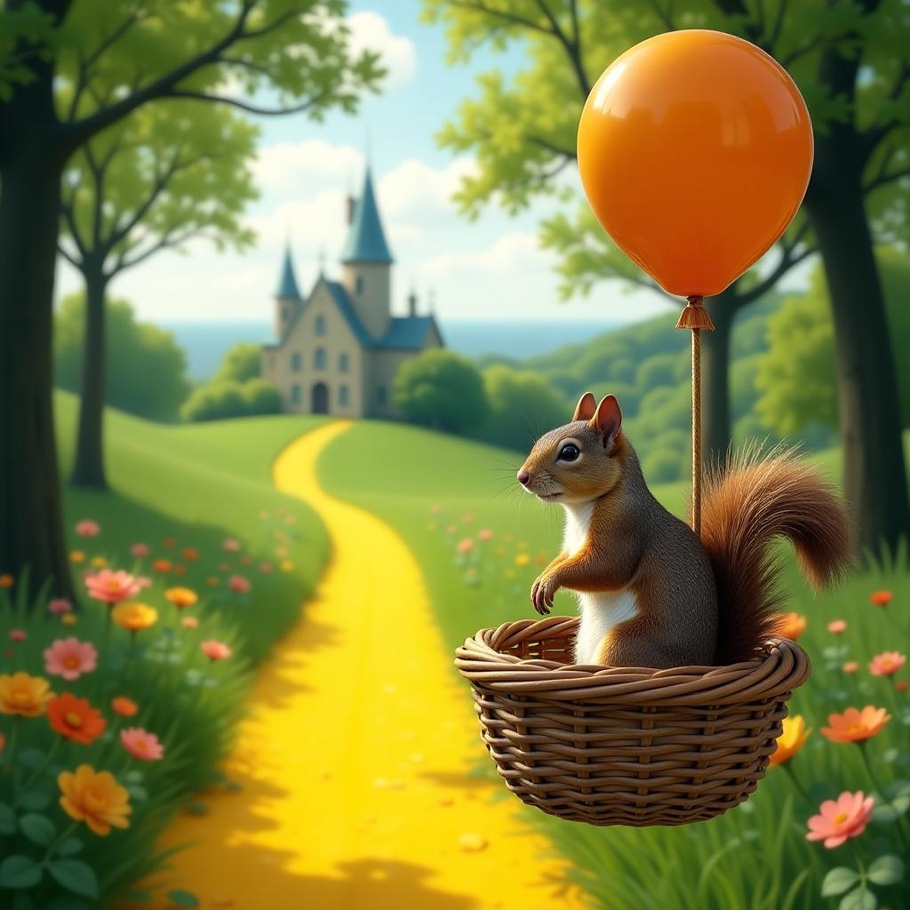  real estate photography style the squirrel sits in a balloon basket and looks down at the yellow brick road leading to the emerald city. basket view . professional, inviting, well lit, high resolution, property focused, commercial, highly detailed