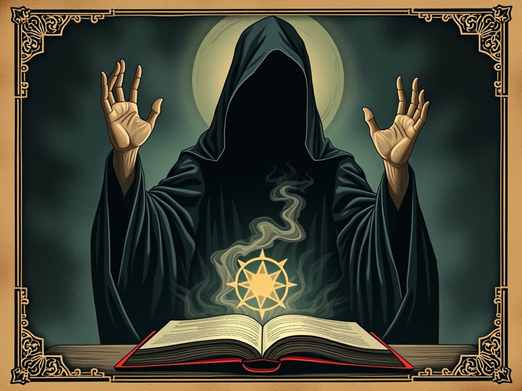  dark sorcerer in black robes, hands raised over open book, glowing symbols, dark energy swirling around, face hidden, menacing aura. an illustration in the style of a worn, mystical old tarot trump card, mysterious and elements of surrealism. the colors are muted, somber and eerie, but with contrast bring out an occult and esoteric vibe.