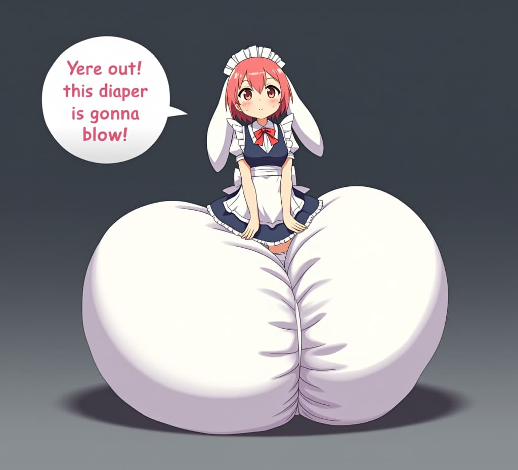  an anime rabbit maid wearing a diaper. the diaper inflates to ten meters in diameter. the rabbit maid says "watch out! this diaper is gonna blow!" in a speech bubble