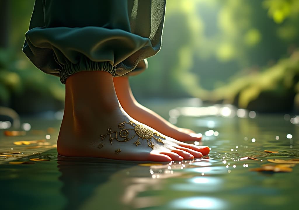  a serene landscape featuring a close up of a left foot adorned with delicate symbols and patterns, surrounded by ethereal light, lush greenery, and soft, flowing water, suggesting a deep connection to nature and spirituality. hyperrealistic, full body, detailed clothing, highly detailed, cinematic lighting, stunningly beautiful, intricate, sharp focus, f/1. 8, 85mm, (centered image composition), (professionally color graded), ((bright soft diffused light)), volumetric fog, trending on instagram, trending on tumblr, HDR 4K, 8K