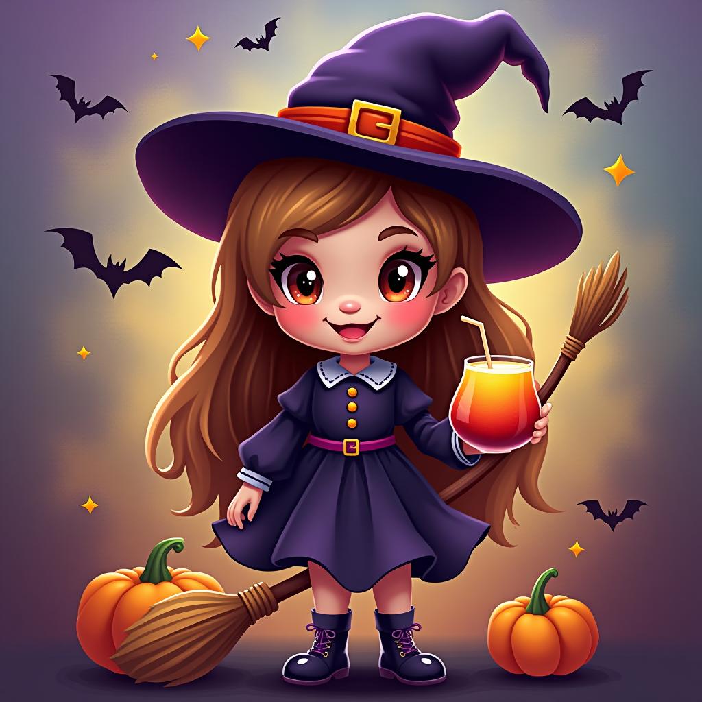  create a digital painting featuring a cute witch character. the witch should be wearing a hat. in one hand, the witch should hold a broomstick, and in the other hand, a halloween themed drink. the background should be colorful and include small black bats, pumpkins and stars to add a playful halloween touch. the overall style should be cute, whimsical, and colorful hyperrealistic, full body, detailed clothing, highly detailed, cinematic lighting, stunningly beautiful, intricate, sharp focus, f/1. 8, 85mm, (centered image composition), (professionally color graded), ((bright soft diffused light)), volumetric fog, trending on instagram, trending on tumblr, HDR 4K, 8K