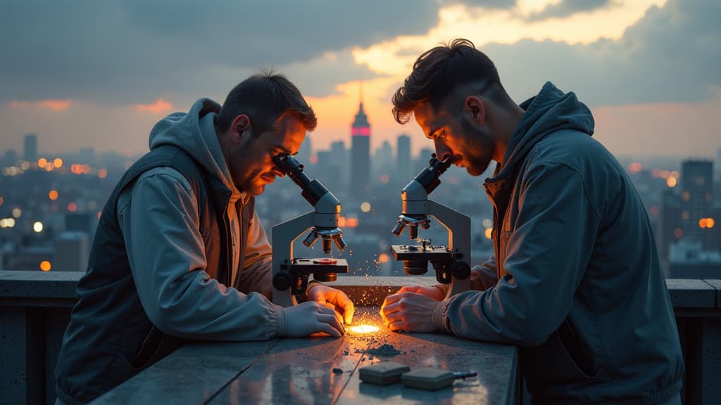  prompt: create a hyper realistic image showcasing the discovery of micrometeorites on a rooftop. the scene should be set on the physics building at tu berlin, with a diverse international research team meticulously examining tiny cosmic dust particles through high powered microscopes. include detailed depictions of scott peterson, a us army veteran and expert micrometeorite collector, working closely with researchers to identify the origins of these minuscule particles. show the researchers' pre