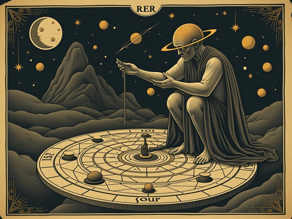  a celestial figure tweaking an orrery, the model planets and stars rearranging, metaphorical fine tuning, sense of destiny. an illustration in the style of a worn, mystical old tarot trump card, mysterious and elements of surrealism. the colors are muted, somber and eerie, but with contrast bring out an occult and esoteric vibe.