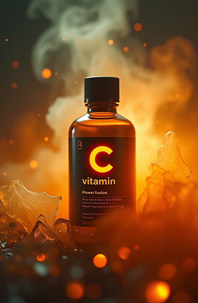  make me a product image of vitamin c called "c power fusion" by dez hyperrealistic, full body, detailed clothing, highly detailed, cinematic lighting, stunningly beautiful, intricate, sharp focus, f/1. 8, 85mm, (centered image composition), (professionally color graded), ((bright soft diffused light)), volumetric fog, trending on instagram, trending on tumblr, HDR 4K, 8K