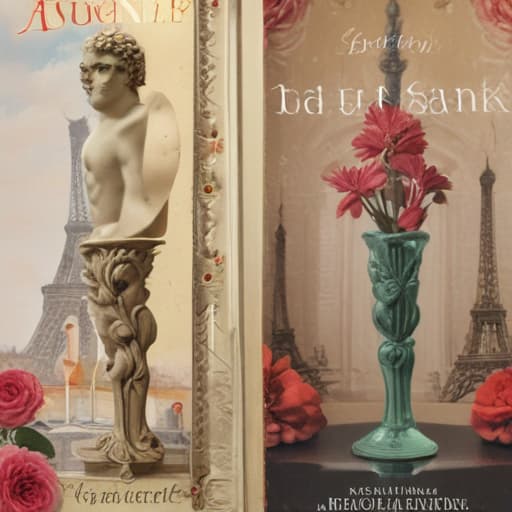 Book cover of book entitled LUDOVIC (in a vogue type font at top of page) a romance novel cult book cover aesthetic, with a collage below the title LUDOVIC featuring : a bacchus head like a Roman statue, a champagne glass, keith baring flower head drawing, and an Eiffel Tower in Oil painting style with City background