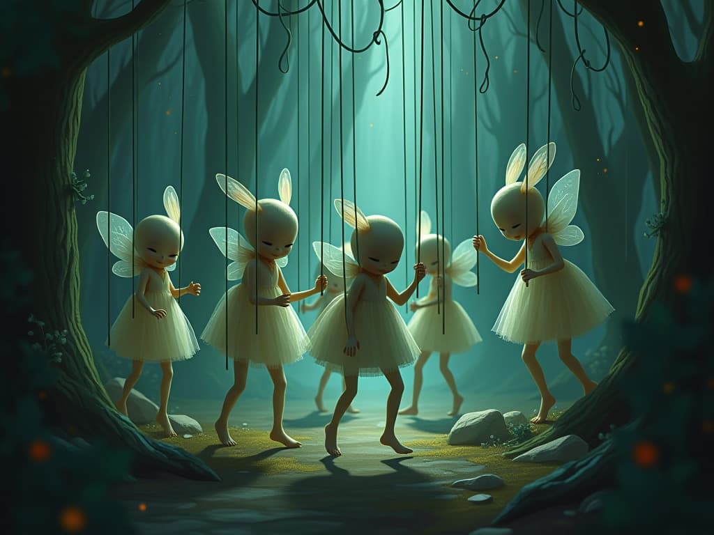  a group of marionette like ethereal beings in a magical forest, their strings tangled and causing them to stumble. the forest is dimly lit, the atmosphere filled with confusion and chaos.. the style is digital art illustration,highly detailed, whimsical,magical, dreamlike atmosphere, realism and fantasy blend, smooth, glossy textures,luminous quality, wonder and enchantment.