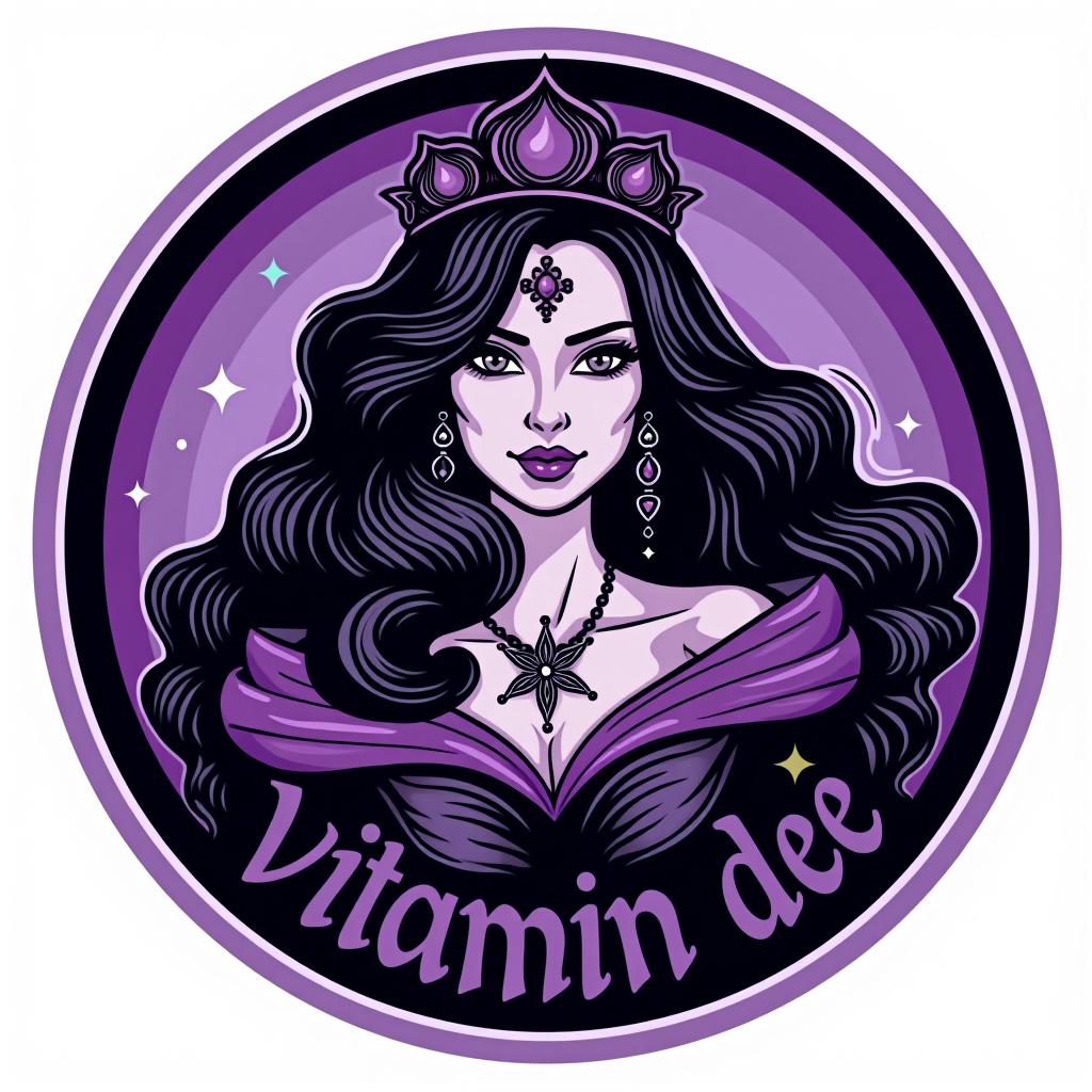  design a logo, in a realism style. princess black and purple spiritual, with the text 'vitamin dee'.