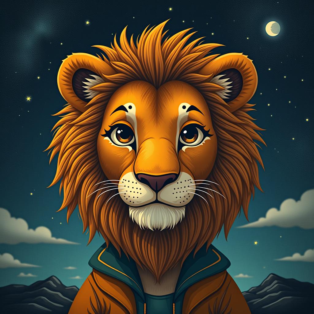  a girl with the face of a lion against the backdrop of a starry sky.