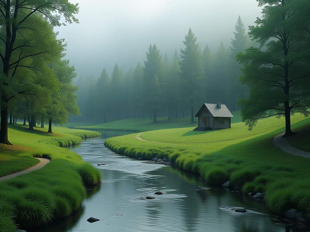  یک منظره زیبا با درختان سبز، رودخانه و کلبه کوچک ارائه دهید. provide a beautiful landscape with green trees, a river, and a small cabin. hyperrealistic, full body, detailed clothing, highly detailed, cinematic lighting, stunningly beautiful, intricate, sharp focus, f/1. 8, 85mm, (centered image composition), (professionally color graded), ((bright soft diffused light)), volumetric fog, trending on instagram, trending on tumblr, HDR 4K, 8K