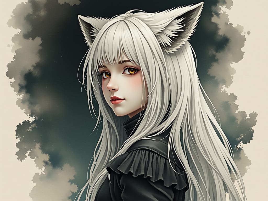  gothic style the picture is painted with ink, calligraphy in japanese style, double exposure, where the styles of art deco are combined with postimpressionism, complementing each other as if one whole, dissolving like a phantom, the young face of a fox girl, long snow white hair, against the background of the galaxy, half turn of the face looks to the side, mysterious look, parted lips, sweet smile, simple, clean, laconic, elegant . dark, mysterious, haunting, dramatic, ornate, detailed hyperrealistic, full body, detailed clothing, highly detailed, cinematic lighting, stunningly beautiful, intricate, sharp focus, f/1. 8, 85mm, (centered image composition), (professionally color graded), ((bright soft diffused light)), volumetric fog, trending on instagram, trending on tumblr, HDR 4K, 8K