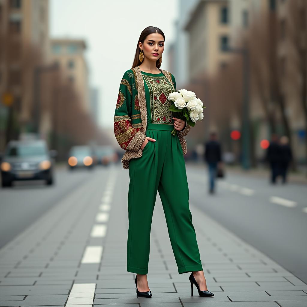  a young woman in a green pantsuit with national tatar elements. she is wearing a t shirt, pants, and a cardigan. she has large gold earrings and is holding a bouquet of white flowers. the city is around her. the woman is standing full length in high heels.