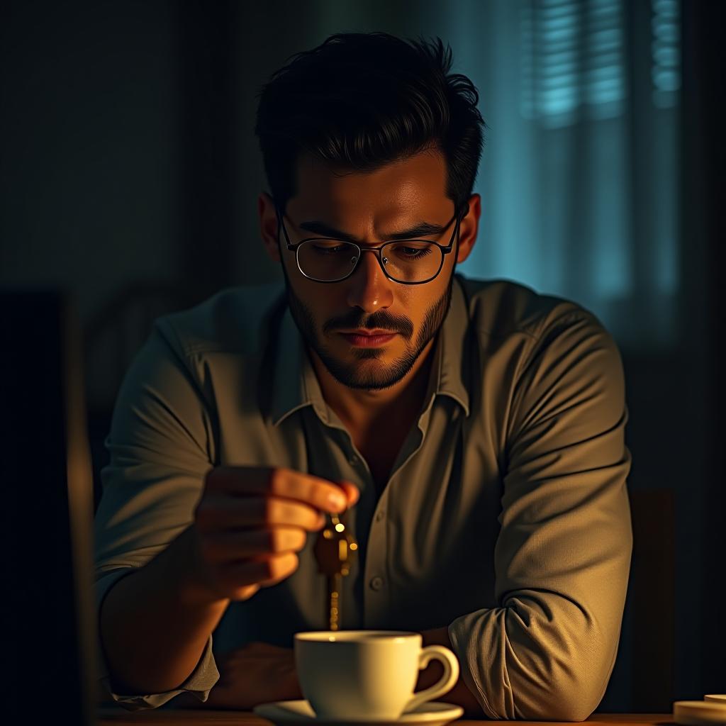  create a high quality, photorealistic image that vividly depicts the following scene: ultra realistic image, young weary male software engineer, stubble tracing his jawline, eyeglasses perched on the bridge of his nose, sweat drenched collar of his shirt, eyes heavy with fatigue and rimmed with redness. he is seen tossing keys onto a side table, scattered papers and coffee mugs visible in dim room. atmospheric lighting, the glow from the city street seeping through the blinds. shot on canon eos r5, f/2.8, iso 400, 1/80s, 8k, raw, vivid details from facial expression to room set up, deep shadows emphasizing exhaustion and solitude, high definition. the image should: focus on the specific actions, emotions, and elements descri hyperrealistic, full body, detailed clothing, highly detailed, cinematic lighting, stunningly beautiful, intricate, sharp focus, f/1. 8, 85mm, (centered image composition), (professionally color graded), ((bright soft diffused light)), volumetric fog, trending on instagram, trending on tumblr, HDR 4K, 8K