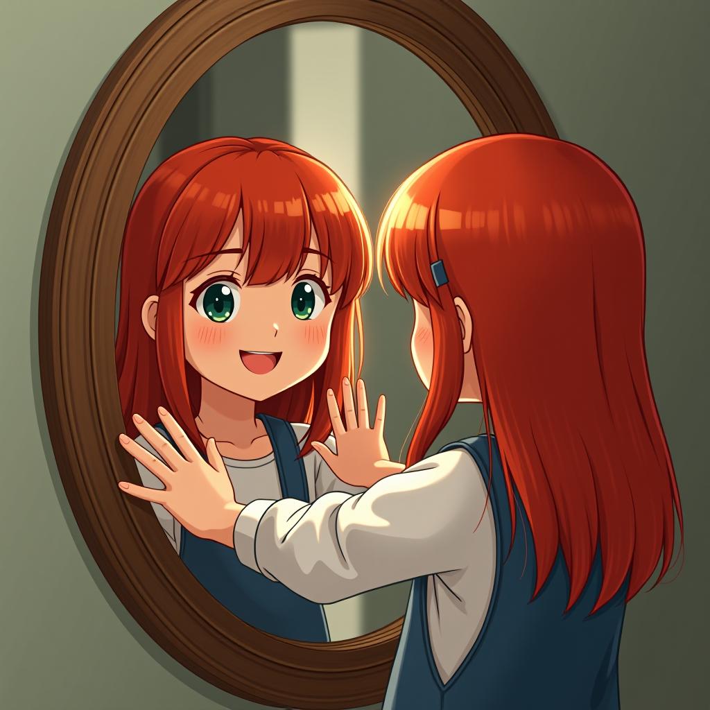  a girl with red hair is looking at her reflection in the mirror, facing away from the camera and smiling as she reaches out to her reflection. style: realistic, photography.