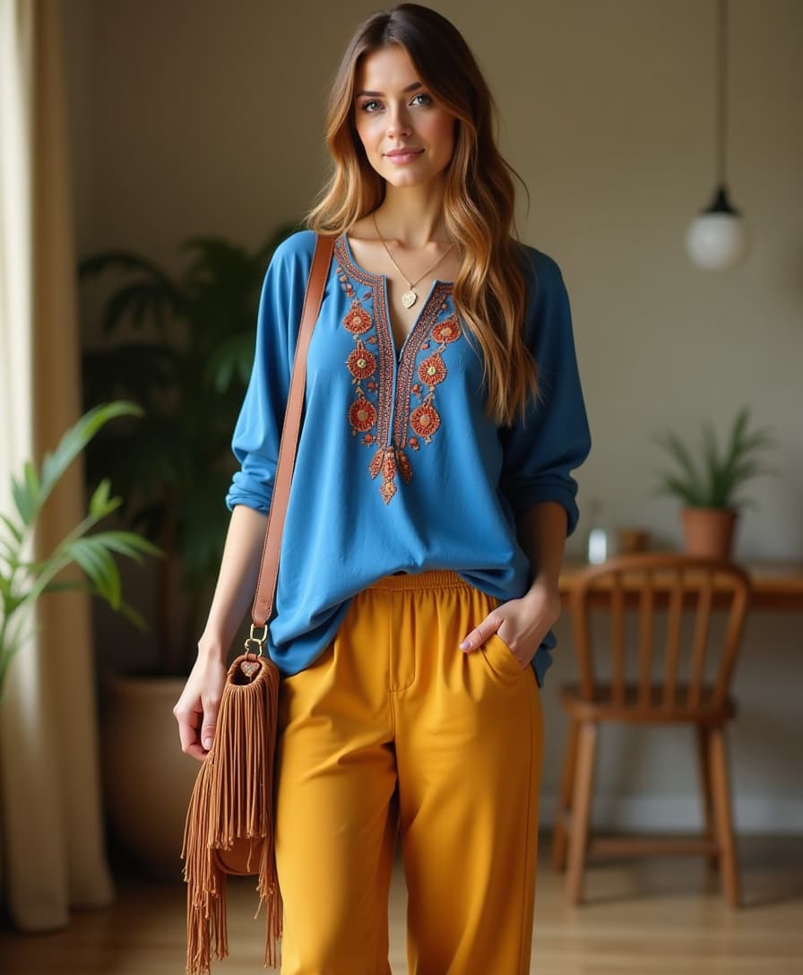  a woman in full length boho style clothes, mustard colored trousers, blue tunic with embroidery, with a fringed handbag, posing beautifully, home interior background, 4k quality