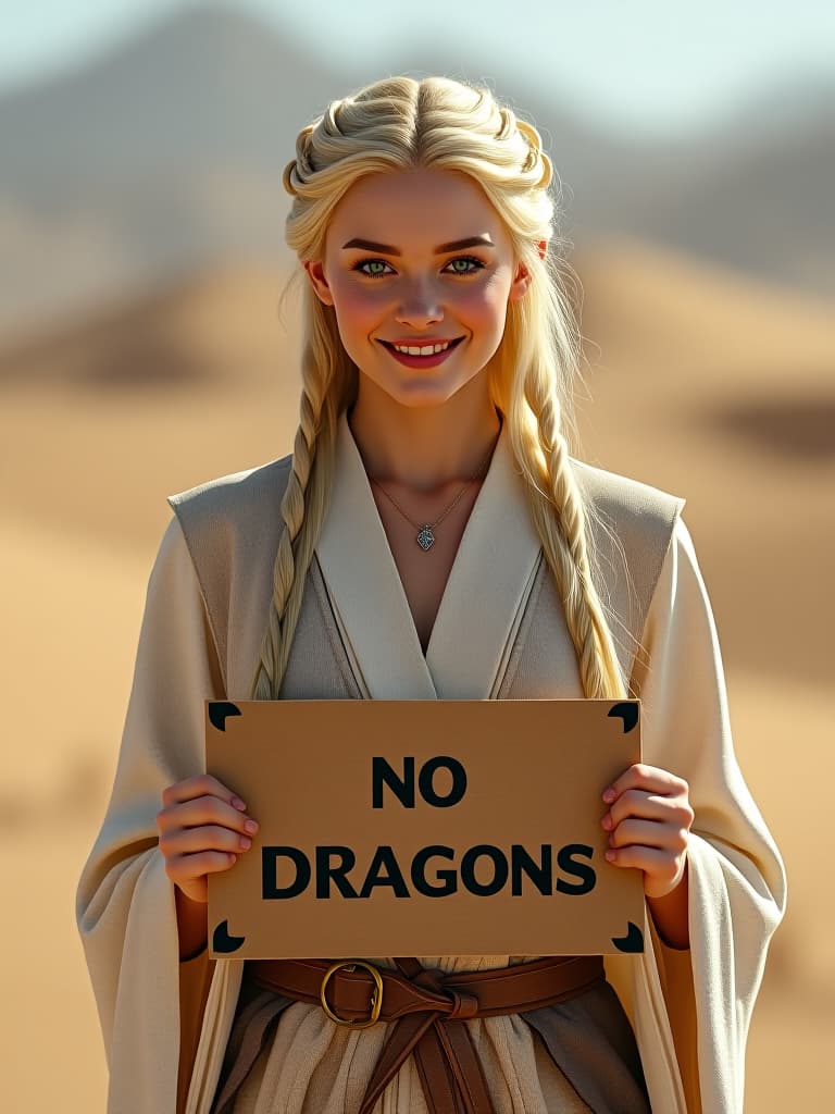  daenerys, woman, in the desert, blonde hair, blue eyes, body facing front, smiling, holding a "no dragons" sign with two hands, high quality image hyperrealistic, full body, detailed clothing, highly detailed, cinematic lighting, stunningly beautiful, intricate, sharp focus, f/1. 8, 85mm, (centered image composition), (professionally color graded), ((bright soft diffused light)), volumetric fog, trending on instagram, trending on tumblr, HDR 4K, 8K