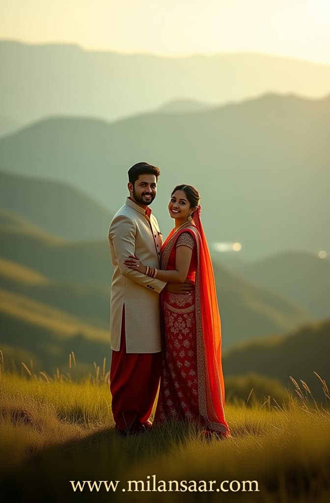  create a warm and inviting promotional image for the matrimonial website milansaar matrimony, featuring the website name 'www.milansaar.com at the bottom.' the image should depict a couple standing together in a picturesque hilltop setting, surrounded by lush greenery and rolling hills. the couple should represent diverse cultural backgrounds, dressed in a indian traditional and contemporary attire, symbolizing unity and love. the background should have a serene and romantic ambiance, with soft sunlight casting a gentle glow over the landscape. integrate the website name prominently in the design, ensuring it complements the overall serene and loving atmosphere hyperrealistic, full body, detailed clothing, highly detailed, cinematic lighting, stunningly beautiful, intricate, sharp focus, f/1. 8, 85mm, (centered image composition), (professionally color graded), ((bright soft diffused light)), volumetric fog, trending on instagram, trending on tumblr, HDR 4K, 8K