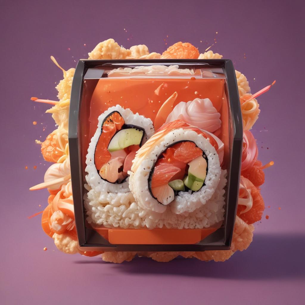 distance-shot, flashy, full-body, dynamic, holographic, animated cartoon poster of a take-out box of sushi in the style of dragon ball super