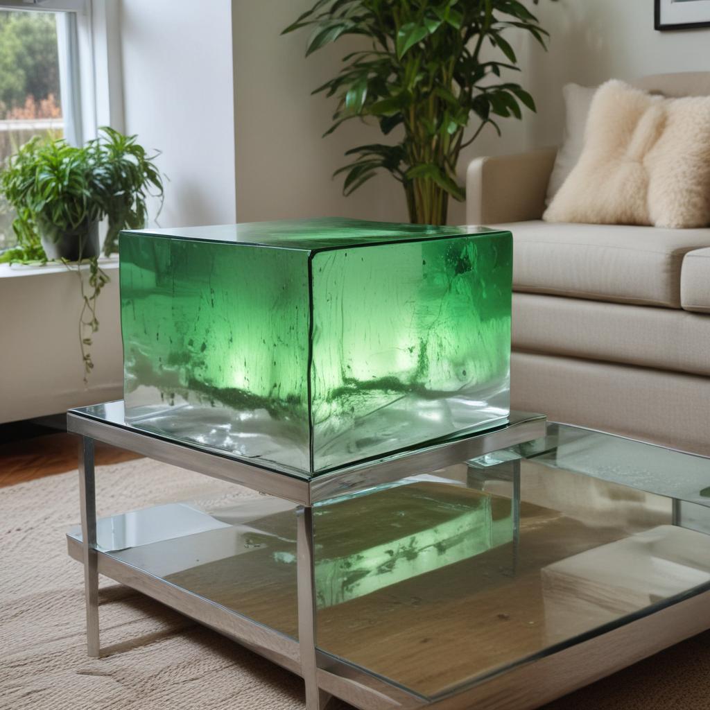 silver cube 20cm across with no opening glows with an ominous green shade sits atop a coffee table in the living room