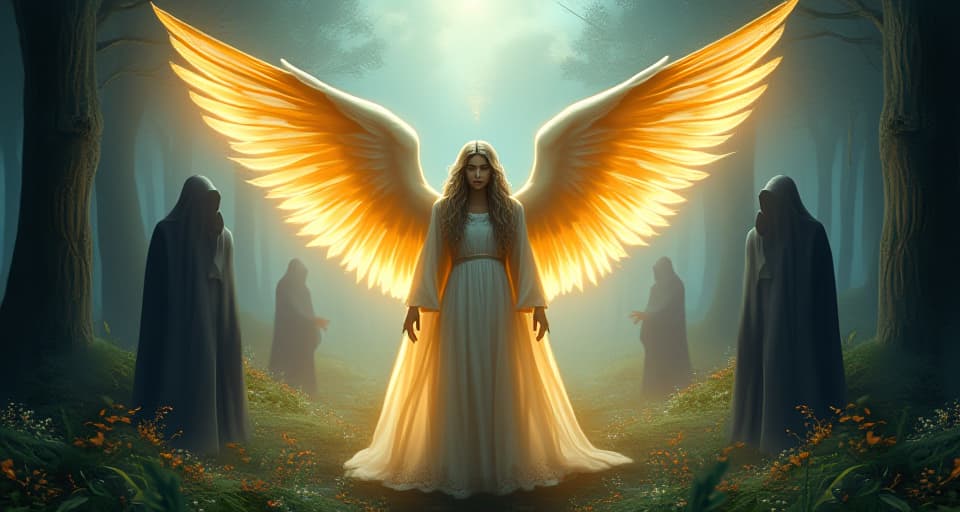  an angel with glowing wings and a stern expression, facing shadowy, indistinct figures in an ethereal glade. the vivid setting contrasts with the unchanged, lurking dark intentions.. the style is digital art illustration,highly detailed, whimsical,magical, dreamlike atmosphere, realism and fantasy blend, smooth, glossy textures,luminous quality, wonder and enchantment.