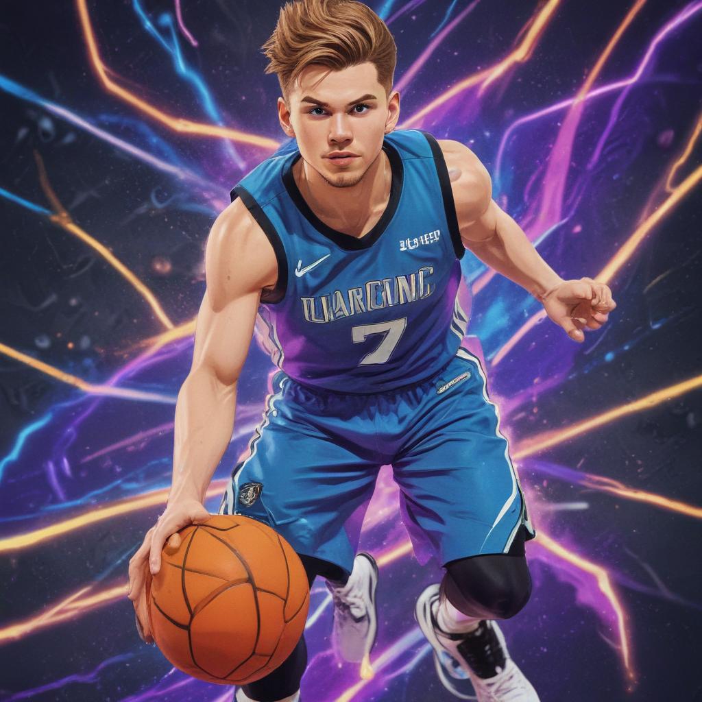 distance-shot, flashy, full-body, dynamic, holographic, animated cartoon poster of luka doncic in the style of dragon ball super