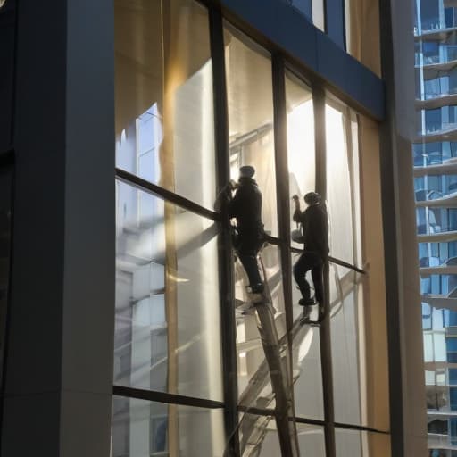 A photo of a team of window installation professionals meticulously aligning a new window in a modern skyscraper office building during the early morning with soft, warm sunlight streaming through the glass facade, creating a captivating contrast between the light and shadows, emphasizing the importance of precision and expertise in their craft.