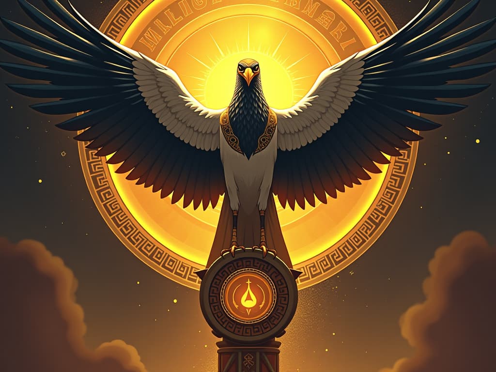  a majestic ibis perched on a golden pedestal, surrounded by glowing hieroglyphs, symbolizing the gravity of experience. the style is digital art illustration / modern comic book / mysterious occult, symbolic, esoteric vibe,high detail on character design, incorporating ancient egyptian symbology and attire.