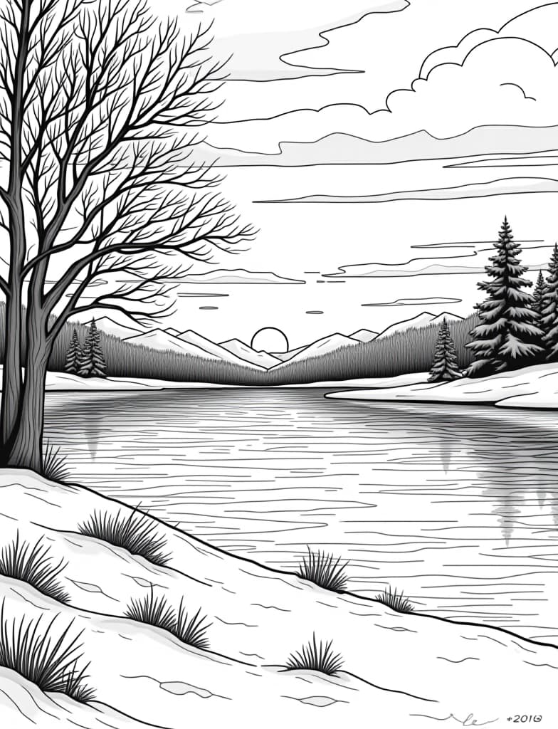  this is for an adult coloring page. a detailed black and white line art of a snowy winter sunrise over a frozen lake on a solid white background.