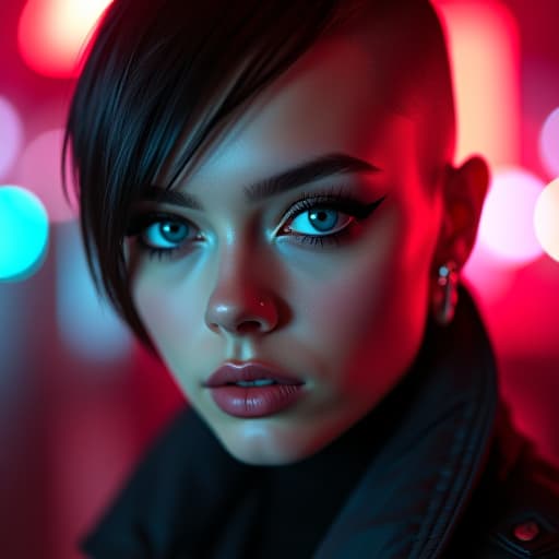  ultra realistic close up portrait ((beautiful pale cyberpunk female with heavy black eyeliner)), blue eyes, shaved side haircut, hyper detail, cinematic lighting, magic neon, dark red city, canon eos r3, nikon, f/1.4, iso 200, 1/160s, 8k, raw, unedited, symmetrical balance, in frame, 8k hyperrealistic, full body, detailed clothing, highly detailed, cinematic lighting, stunningly beautiful, intricate, sharp focus, f/1. 8, 85mm, (centered image composition), (professionally color graded), ((bright soft diffused light)), volumetric fog, trending on instagram, trending on tumblr, HDR 4K, 8K