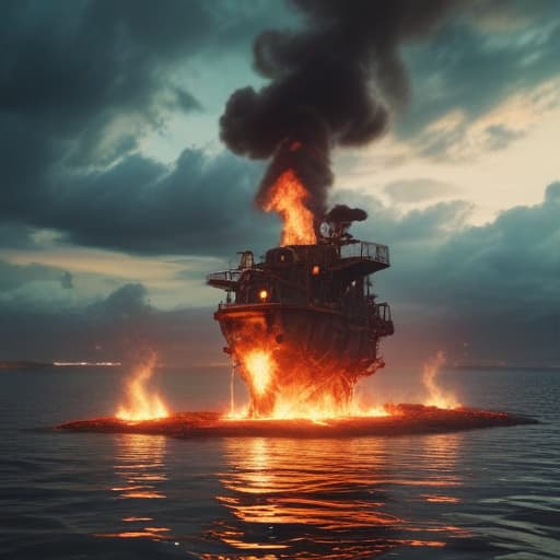 Fire physically on the water with land and sky behind in Steampunk style