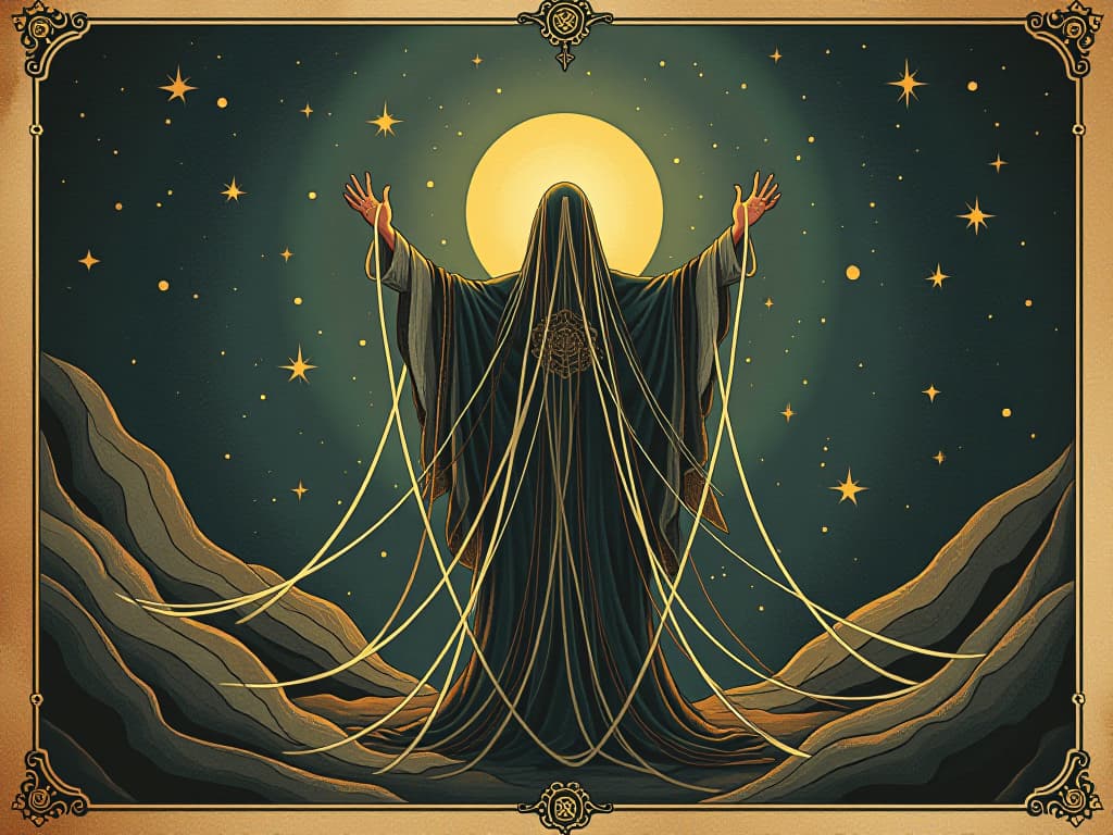  figure weaving threads of light, cosmic background, strands connecting stars, expansive and creative. an illustration in the style of a worn, mystical old tarot trump card, mysterious and elements of surrealism. the colors are muted, somber and eerie, but with contrast bring out an occult and esoteric vibe.