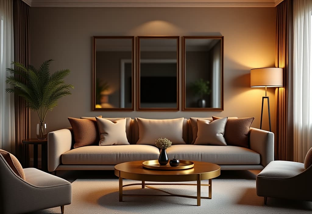  a landscape photo of a cozy apartment living room with plush velvet throw pillows, a sleek gold coffee table, and a large statement mirror reflecting warm ambient lighting, creating a luxurious atmosphere hyperrealistic, full body, detailed clothing, highly detailed, cinematic lighting, stunningly beautiful, intricate, sharp focus, f/1. 8, 85mm, (centered image composition), (professionally color graded), ((bright soft diffused light)), volumetric fog, trending on instagram, trending on tumblr, HDR 4K, 8K