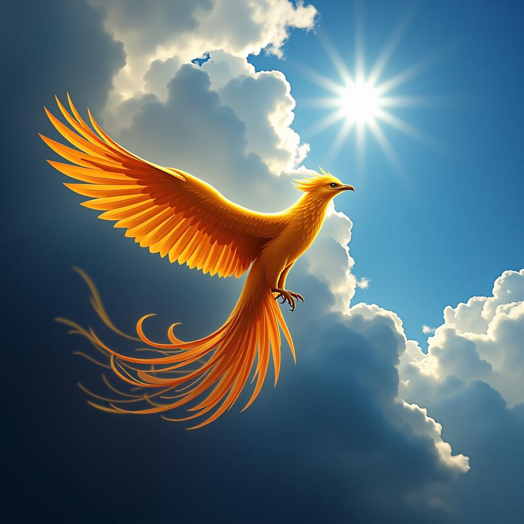  a storm with thunder with a clear blue sky and the sun shining bright with a golden phoenix flying by.