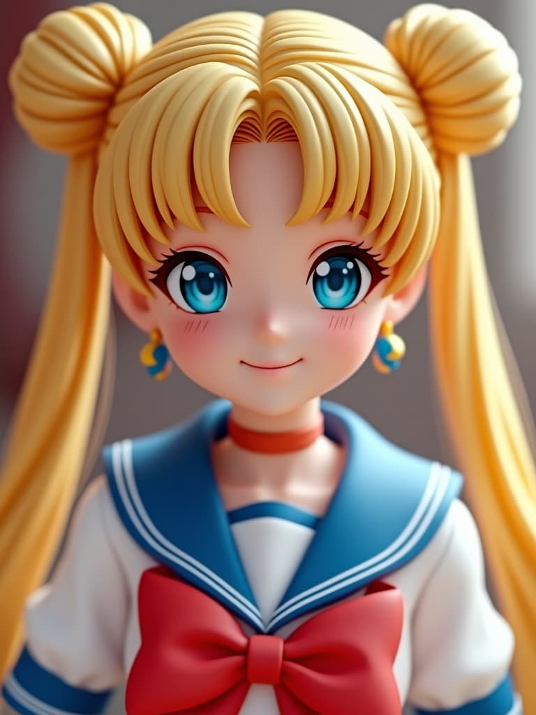  best quality, masterpiece,1 girl, sailor moon girl blonde with two buns of hair long ponytails, with blue eyes in a blue japanese school uniform smiling charmingly in the style of 3d realism close up