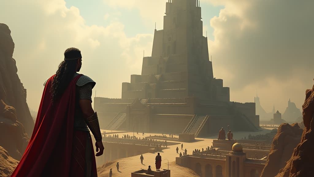  a painting of nimrod overseeing the construction of the tower of babel, illustrating his ambition and determination as a mighty ruler. hyperrealistic, full body, detailed clothing, highly detailed, cinematic lighting, stunningly beautiful, intricate, sharp focus, f/1. 8, 85mm, (centered image composition), (professionally color graded), ((bright soft diffused light)), volumetric fog, trending on instagram, trending on tumblr, HDR 4K, 8K