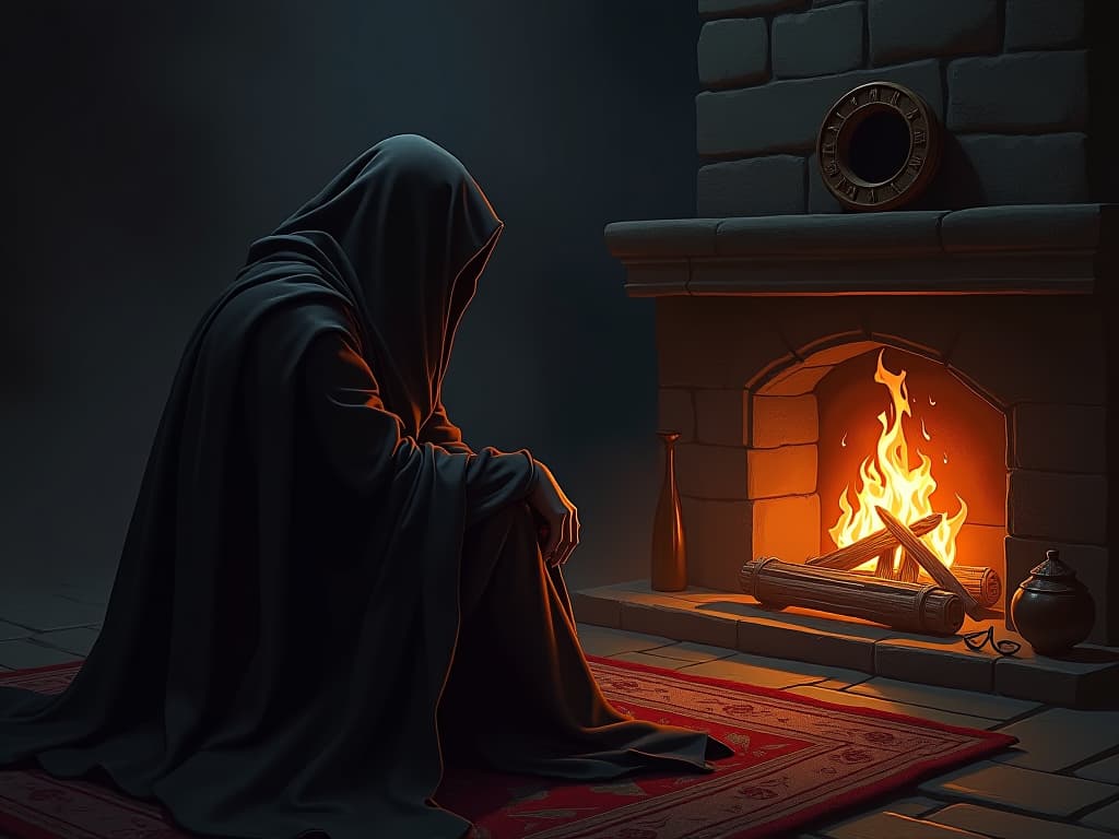  an estranged family member, in draping clothing, sits in silent contemplation by a dimly lit hearth, shadows flickering, sorrow etched into their gaze, symbols of betrayal subtly framed in the scene.. the style is dark fantasy and mysterious occult, symbolic, moody lighting, esoteric vibe,high detail on character design. for the color scheme emphasize blacks and reds.