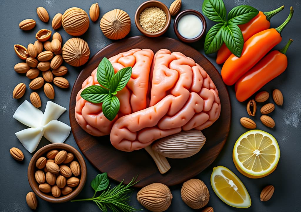  healthy brain food to boost brainpower nutrition concept as a group of nutritious nuts fish vegetables