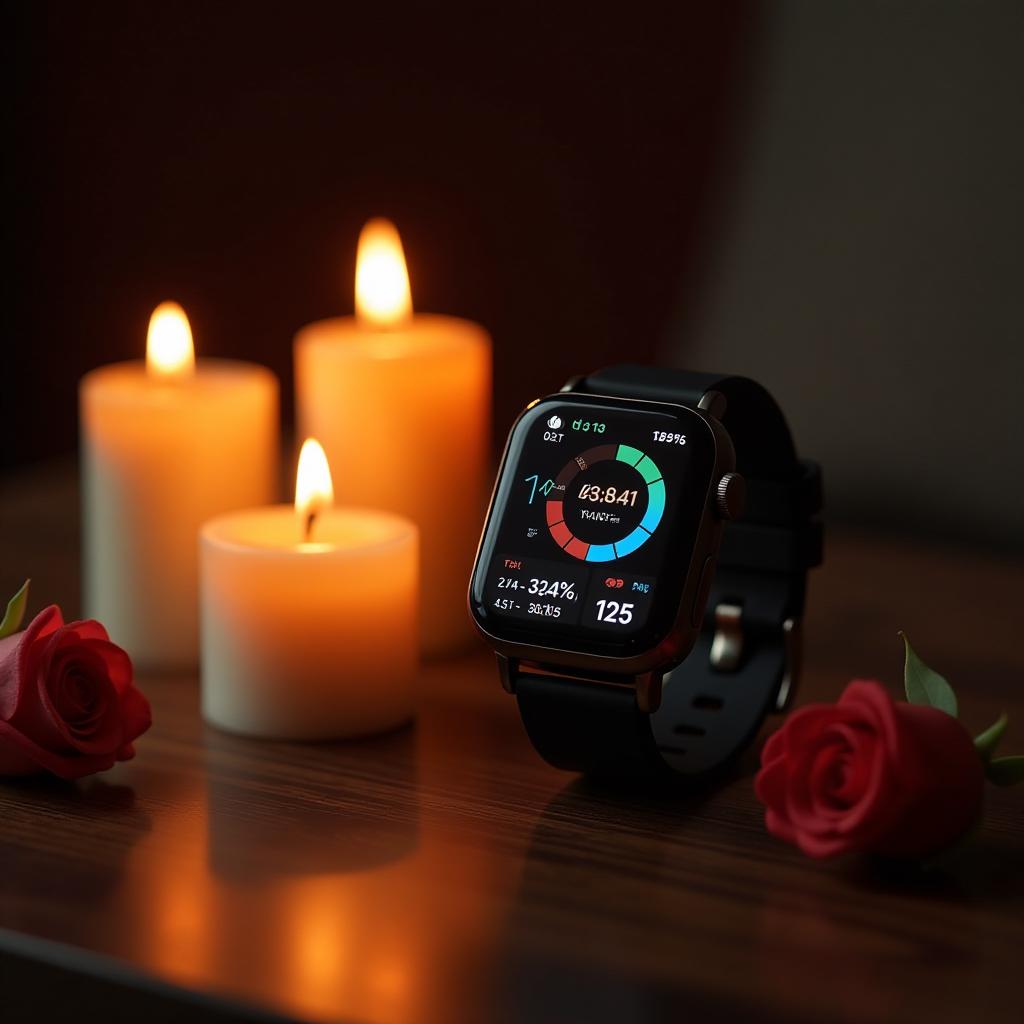  a smartwatch displaying detailed health metrics on its screen, surrounded by softly glowing candlesticks that create a warm, romantic ambiance. the scene is captured with a wide angle perspective, emphasizing the contrast between the technological sophistication of the smartwatch and the timeless elegance of the candlesticks. the background features a rich, dark setting that highlights the soft flicker of candlelight, while the smartwatch gleams with modern design elements. this composition evokes a sense of harmony between the future of technology and the warmth of romanticism, inviting viewers to contemplate the relationship between innovation and emotion.