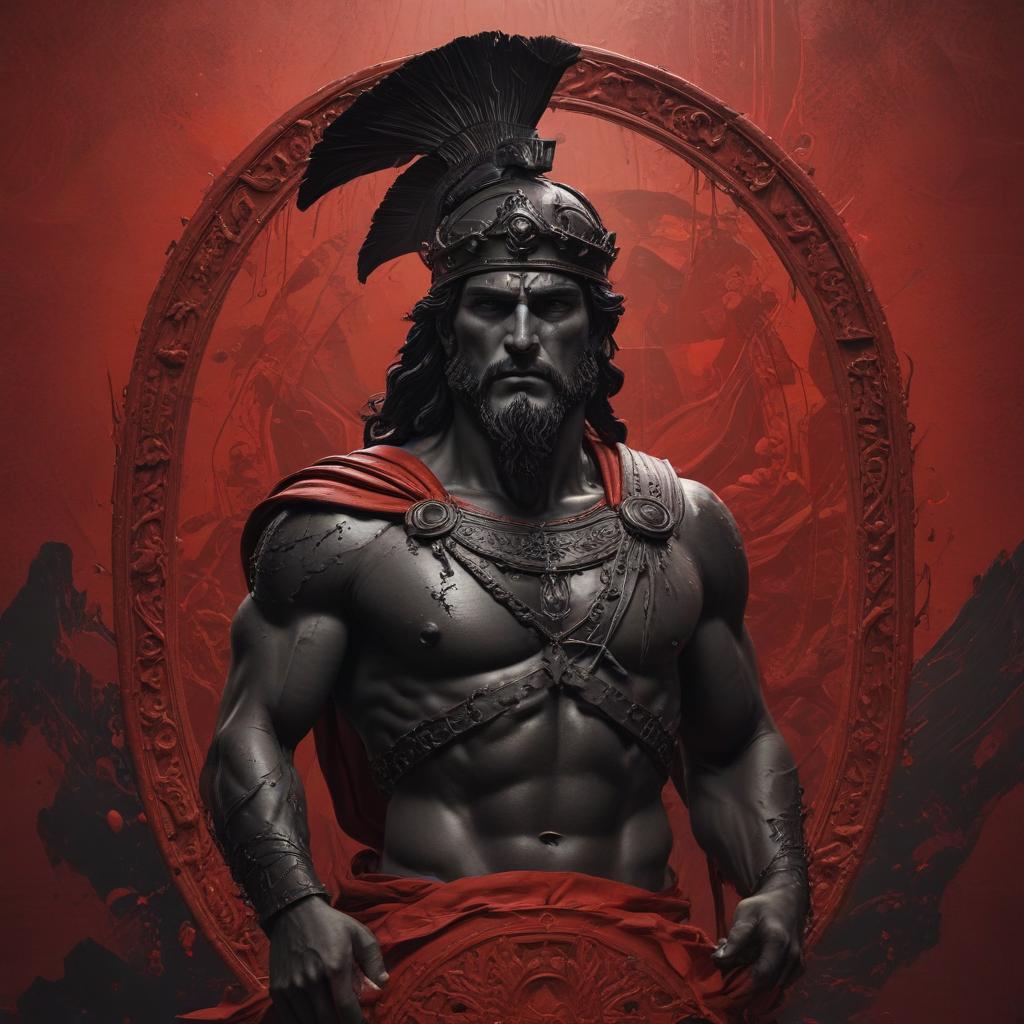 A symbolic image of Achilles, a figure of both glory and destruction, his name echoing across the lands, with a sense of foreboding and power, as the threads of fate intertwine between him and King Telephus, hinting at the complex web of destiny and consequences"in the style of classical Greek pottery art, with intricate black figures on a red background, depicting mythological scenes with a focus on gods and heroes, using a limited color palette of red, black, and white"This image is a breathtaking painting that captures the magical scene with vivid detail. The overall composition is spellbinding, showcasing a perfect harmony. photorealism fantasy, unreal engine 5, concept hyperrealistic, full body, detailed clothing, highly detailed, cinematic lighting, stunningly beautiful, intricate, sharp focus, f/1. 8, 85mm, (centered image composition), (professionally color graded), ((bright soft diffused light)), volumetric fog, trending on instagram, trending on tumblr, HDR 4K, 8K