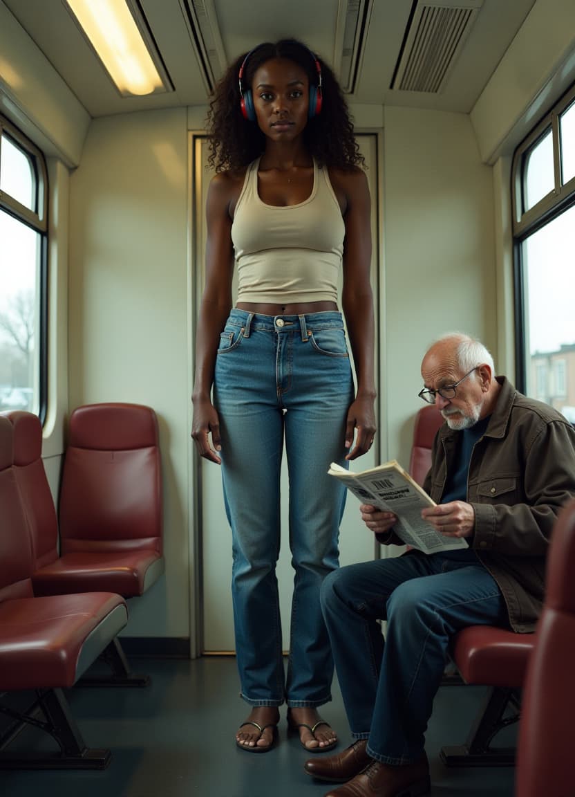  a gigantic, tall, towerimg, muscular south sudanese , barely out of her s, squeezes into a seat in the cramped german train compartment. her , jutting out awkwardly, seem to challenge the seat's tiny dimensions. her hourgl figure, accentuated by her snug jeans and vint tank top, creates a stark contrast with the diminutive, wiry man seated beside her. despite her youthful face, her toned physique hints at a strength far beyond her years. her long, curly hair, adorned with headphones and a nose piercing, cascades down her back, brushing against the luggage rack overhead, the dramatic size disparity between her and the elderly man becomes even more apparent. the man, hunched over a newspaper, seems almost swallowed by