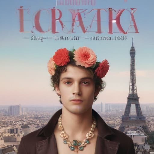 A Book cover of a book entitled LUDOVIC (printzd all capktals art ttop, in a vogue type font at top of page) a romance novel cult book cover aesthetic, with a collage below the title LUDOVIC featuring : a bacchanalia head, a champagne glass, keith baring flower head drawing, and an Eiffel Tower in Mythological style with City background