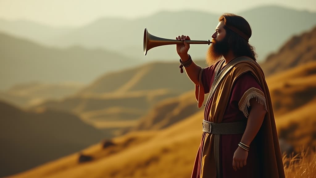  history of biblical times, gideon blowing a trumpet to gather an army, standing on a hill with a determined expression. hyperrealistic, full body, detailed clothing, highly detailed, cinematic lighting, stunningly beautiful, intricate, sharp focus, f/1. 8, 85mm, (centered image composition), (professionally color graded), ((bright soft diffused light)), volumetric fog, trending on instagram, trending on tumblr, HDR 4K, 8K