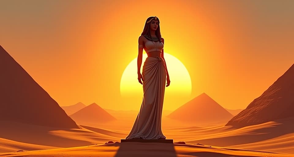  a majestic statue of a goddess, large busted and dressed in sheer, form fitting robes, standing tall amidst a desert with the setting sun casting long shadows, aura of thriving self reliance. the style is digital art illustration / modern comic book / mysterious occult, symbolic, esoteric vibe,high detail on character design, incorporating ancient egyptian symbology and attire.