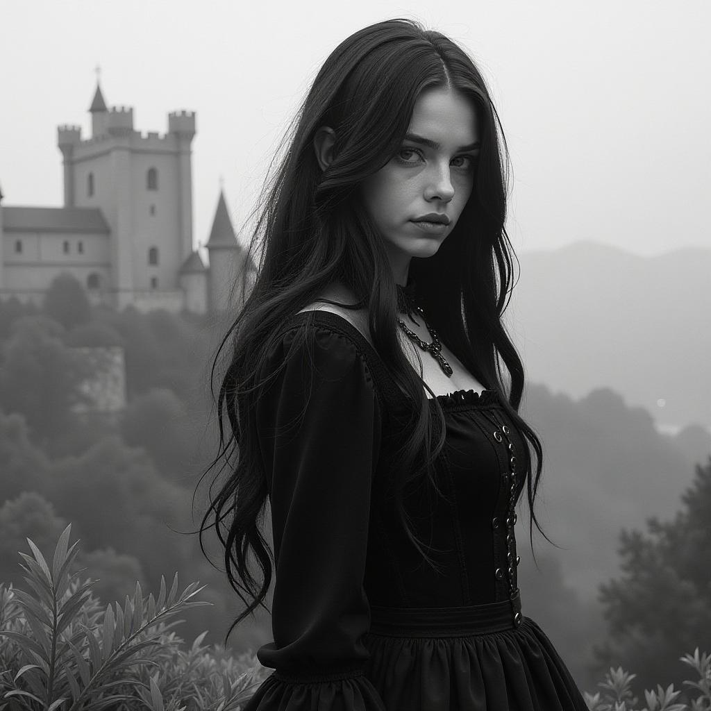  gothicgirl long hair castle. in monochrome, black and white, shades of gray style