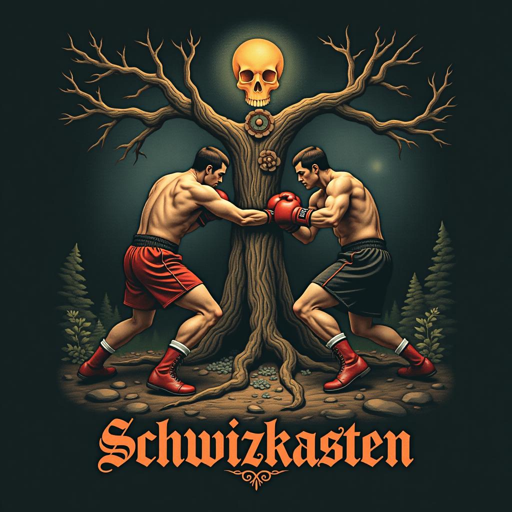  design a logo, in a surrealism style. zwei deutsche boxkämpfer im kampf unter dem eichenbaum, with the text 'schwitzkasten'.