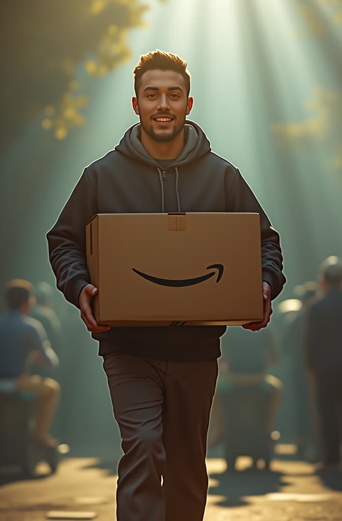  white guy carrying an amazon box full sunlight hyperrealistic, full body, detailed clothing, highly detailed, cinematic lighting, stunningly beautiful, intricate, sharp focus, f/1. 8, 85mm, (centered image composition), (professionally color graded), ((bright soft diffused light)), volumetric fog, trending on instagram, trending on tumblr, HDR 4K, 8K